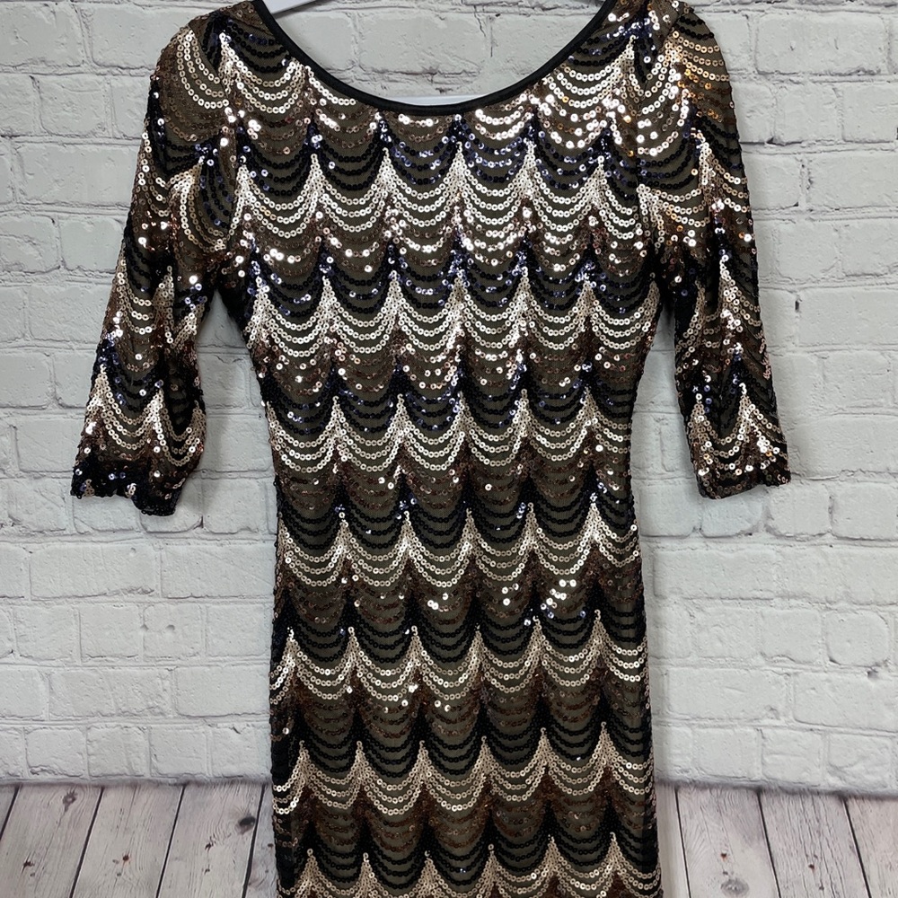 Agaci A'Gaci black gold sequin long sleeve low back Dress Mini Sexy Party, sz M